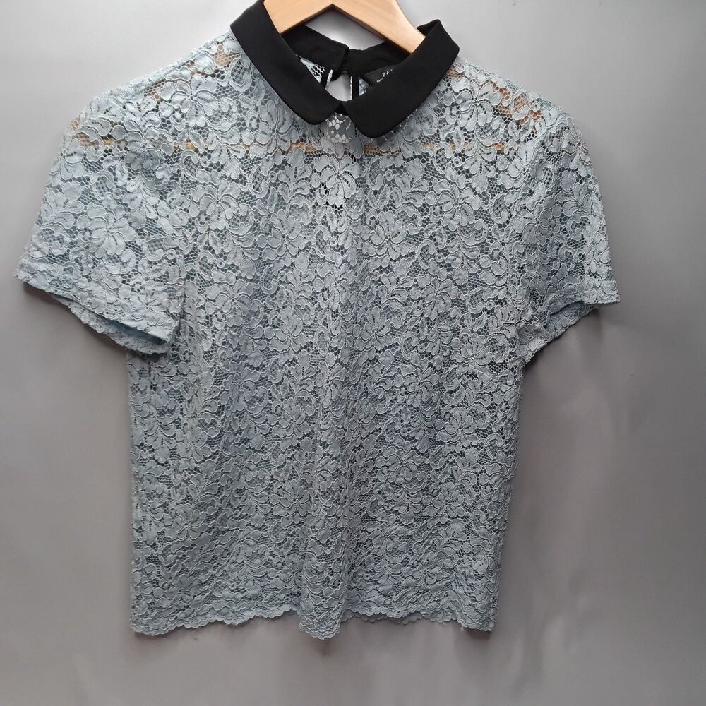 Zara Women Collared Blouse Size Medium Floral Embroidered Blue Crochet Lace